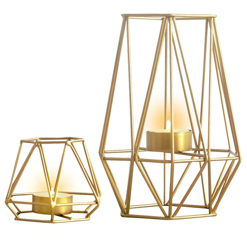 NUPTIO 2 Pcs Metal Hexagon Shaped Geometric Design Tea Light Votive Candle Holders, Iron Hollow Tealight Candle Holders for Vintage Wedding Home Decoration, Gold (S + L) - Image 1